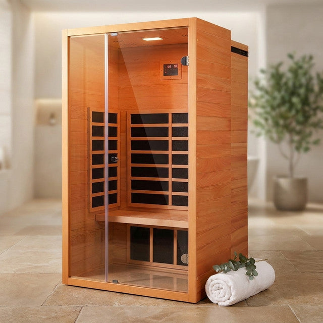 1 Person Extendable FAR Infrared Sauna for Home, Hemlock Wood Low EMF 6 Carbon Heaters Indoor Saunas with LED Lights, Bluetooth Speaker, Digital Control Panel, and Seating Bench — Studio Shot