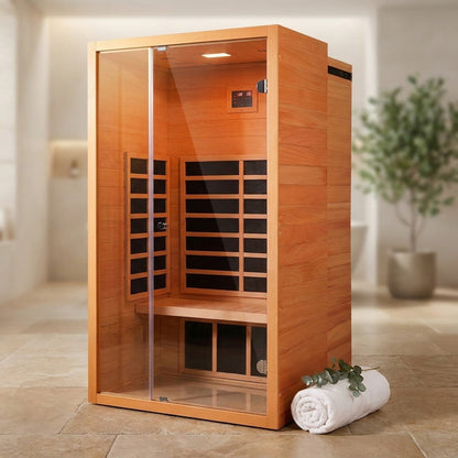 1 Person Extendable FAR Infrared Sauna for Home, Hemlock Wood Low EMF 6 Carbon Heaters Indoor Saunas with LED Lights, Bluetooth Speaker, Digital Control Panel, and Seating Bench — Studio Shot
