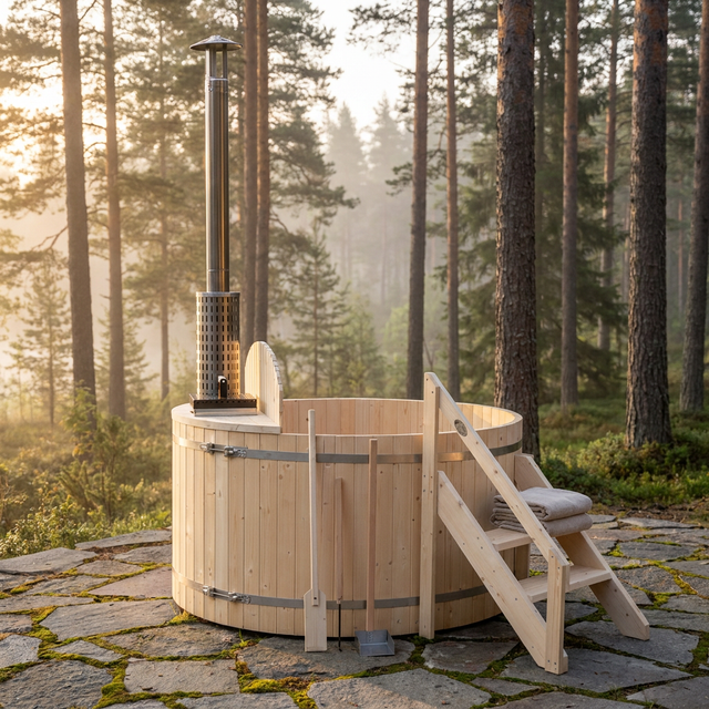 Wood Fired 4-Person to 5-Person 0-Jet Hot Tub and Ice Bath with Internal Stove Pine — Studio Shot