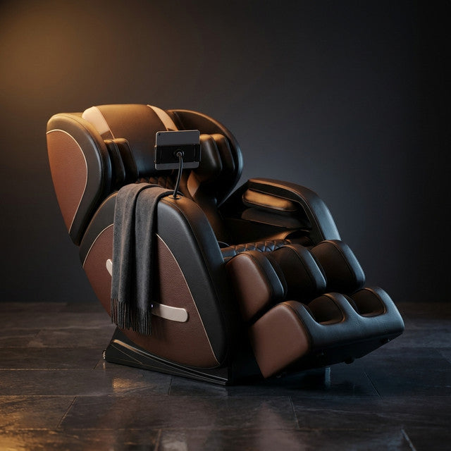 Full Body Massage Chair Recliner with Zero Gravity,  Leather Massage Chair with Air Pressure, 8 Massage Fix Rollers, Heating, Airbag, Bluetooth, Retractable Footrest for Relaxion, Brown+Black — Studio Shot